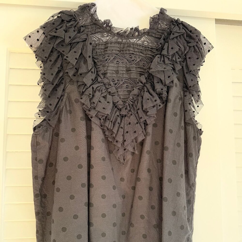 Ulla Johnson Black Sheer Polka Dot Ruffle Sleeveless Top Size 8